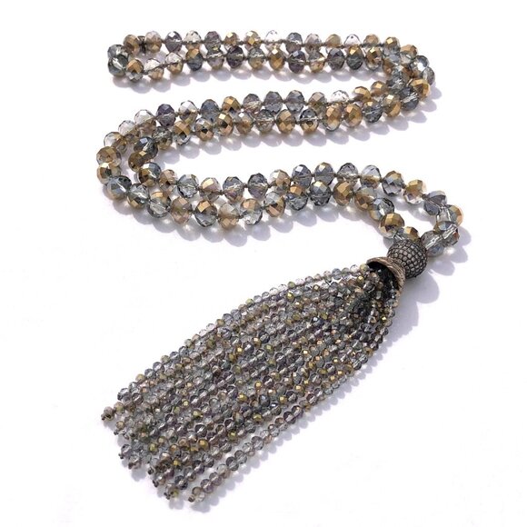 Long Beaded Tassel Necklace Faceted ABS Glass Beads Smoke Gray crystal pave 36" - Picture 2 of 8